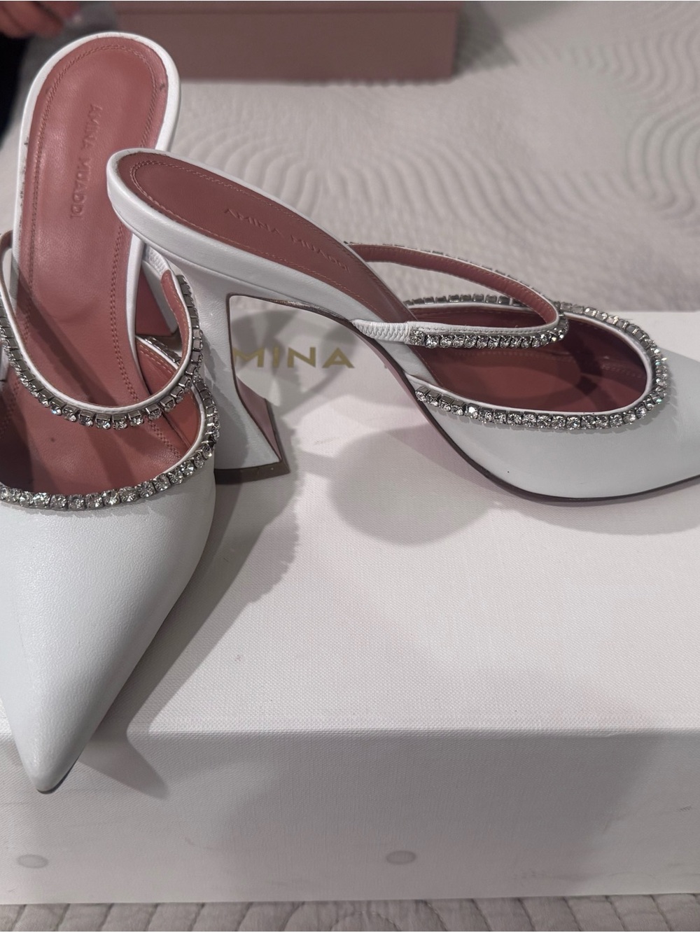 Amina Muaddi White Pointed Mules with Pink Insole and Crystal Trim